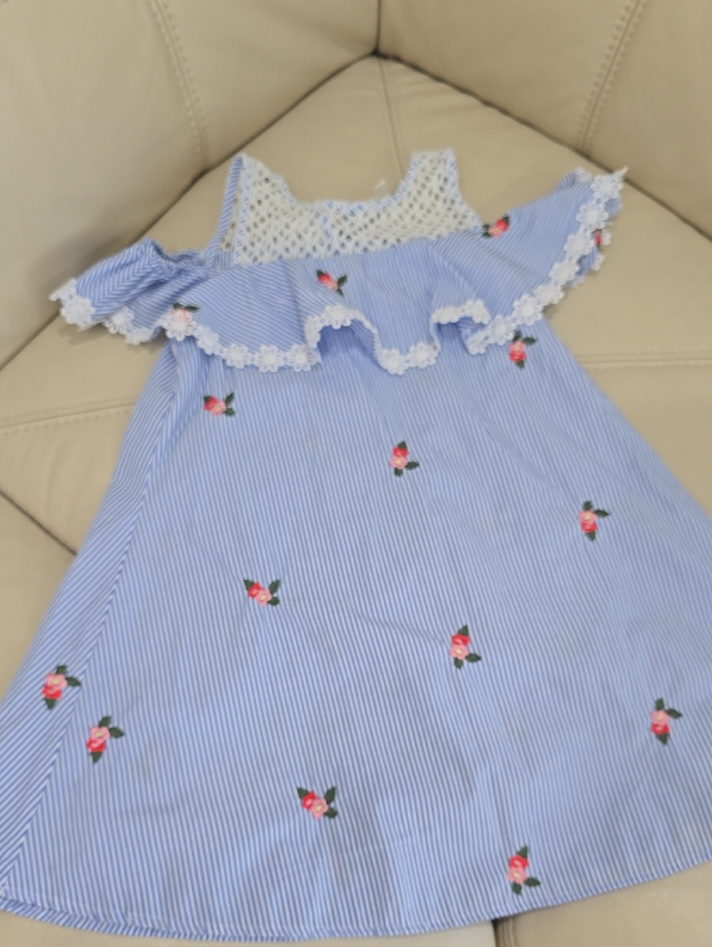 Girls Blue Striped Floral Ruffle Dress